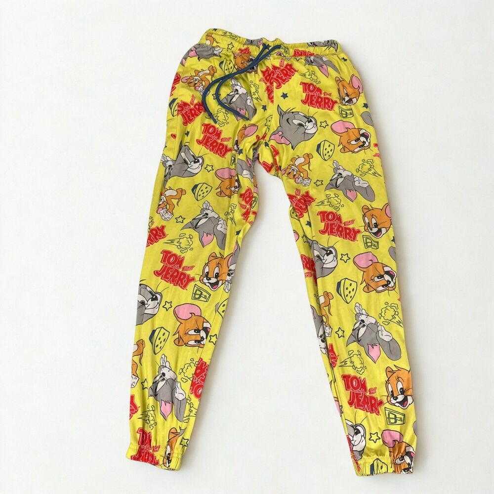 Tom & Jerry Pants Kids Small 4/6 Yellow Cartoon Pajama Sleep Elastic Waist